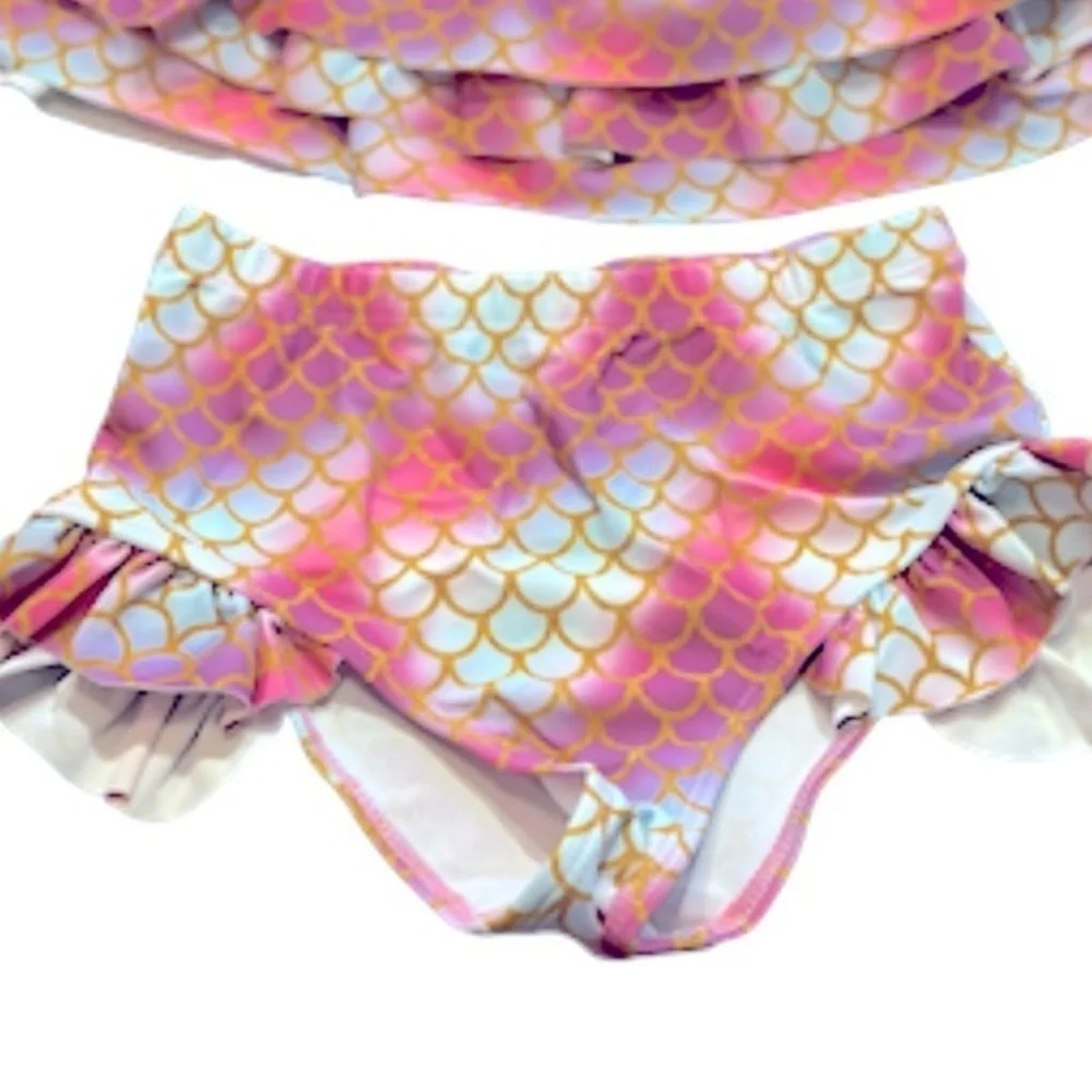 NWT Girls Mermaid Bikini Set Ruffle Tiered‎ Top and Bottoms 2 PCs Swimsu…